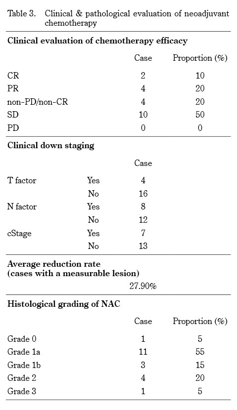 Table summarizing clinical and pathological evaluation of neoadjuvant chemotherapy for rectal cancer, including response rates and histological grading.