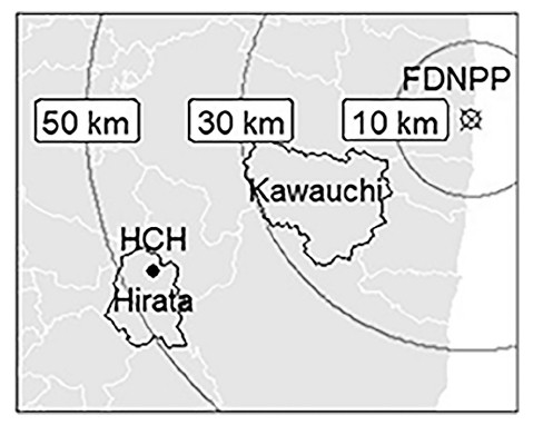 Map showing the locations of Hirata and Kawauchi, with distance markers from the Fukushima Daiichi Nuclear Power Plant (FDNPP).