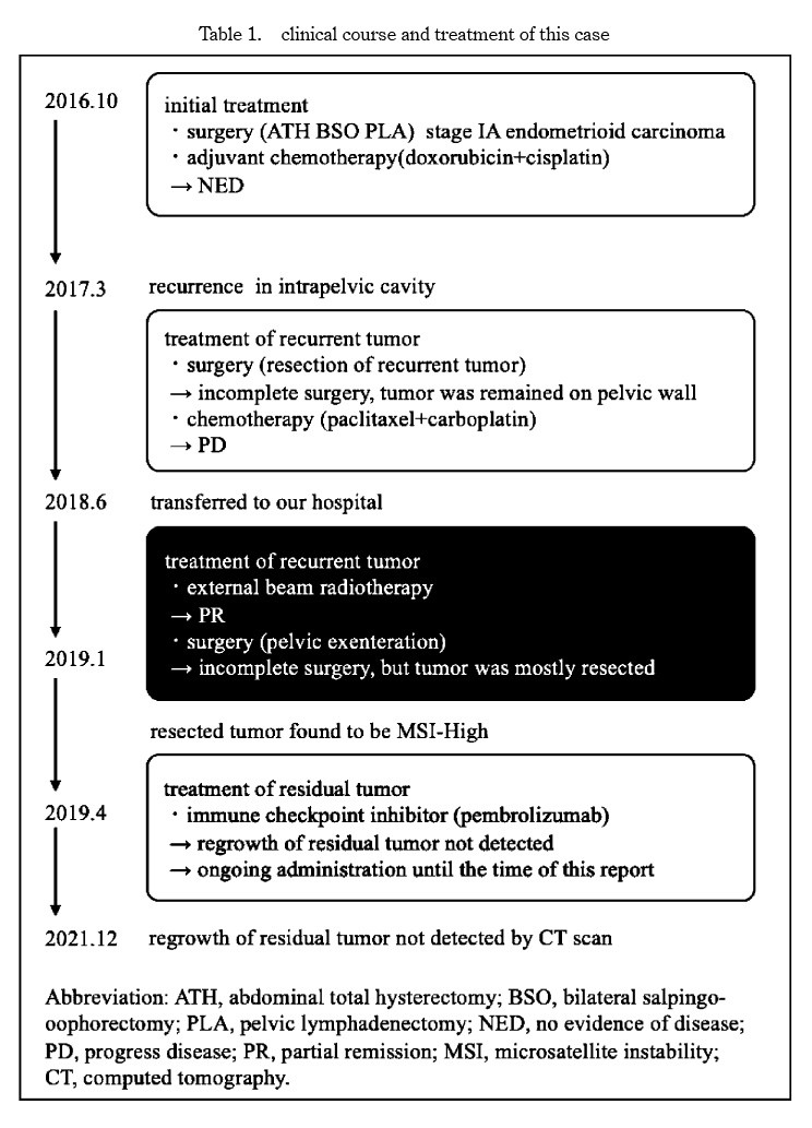 Clinical course and treatment timeline for a patient with endometrial carcinoma, detailing surgeries and treatments from 2016 to 2021.
