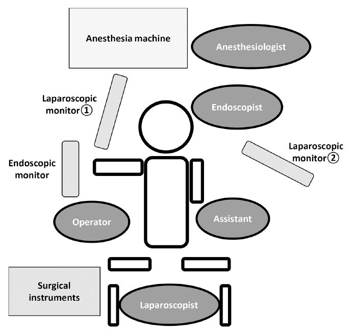 Diagram illustrating the setup for laparoscopic and endoscopic cooperative surgery, featuring roles and equipment involved.