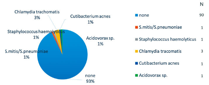 Pie chart illustrating the presence of various bacteria in prostate tissues, highlighting Chlamydia trachomatis as the most common.