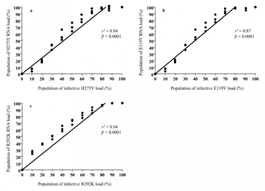 Graph showing the correlation between variant RNA load and infective variant load for H1N1 and H3N2 variants, with data points and trend lines.