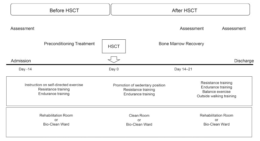 Flowchart illustrating the timeline and procedures for HSCT, including assessments and rehabilitation phases.