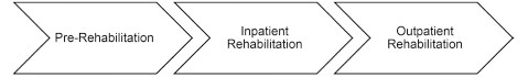 Flowchart illustrating the rehabilitation pathway for patients undergoing hematopoietic stem cell transplantation, including pre-rehabilitation, inpatient, and outpatient stages.