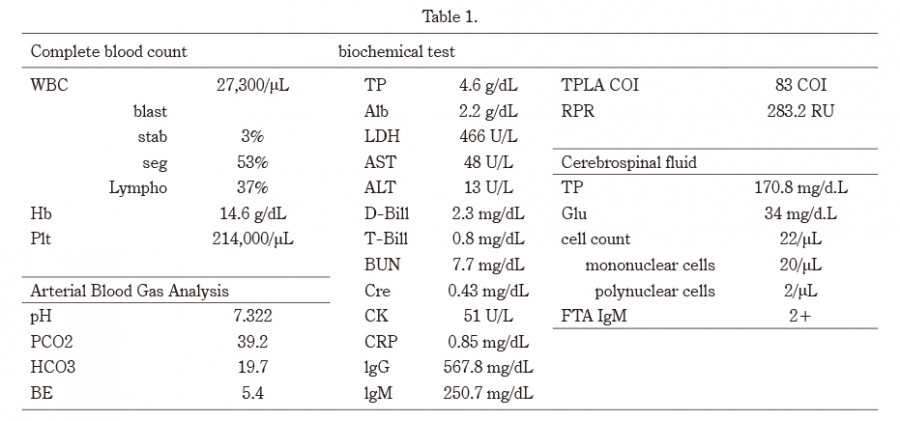 Table displaying medical test results, including complete blood count and biochemical tests.
