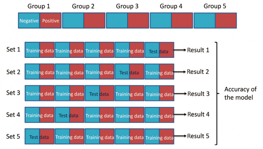 A diagram illustrating the training and testing data sets for a model's accuracy evaluation, divided into five groups with positive and negative classifications.