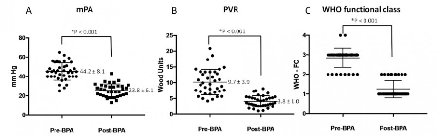 Graphs showing pre- and post-BPA measurements of mPA, PVR, and WHO functional class.