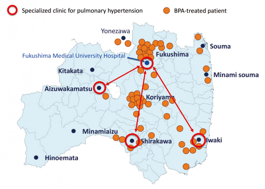 Map showing the distribution of patients treated with balloon pulmonary angioplasty in Fukushima, highlighting clinics and patient residences.