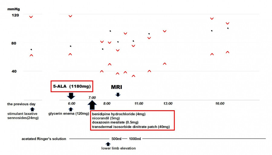 Graph showing patient vital signs and medication timeline, including 5-ALA administration and MRI results.