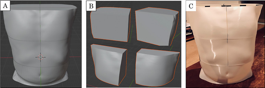3D model of a distorted container displayed in various angles, showcasing its shape and texture.