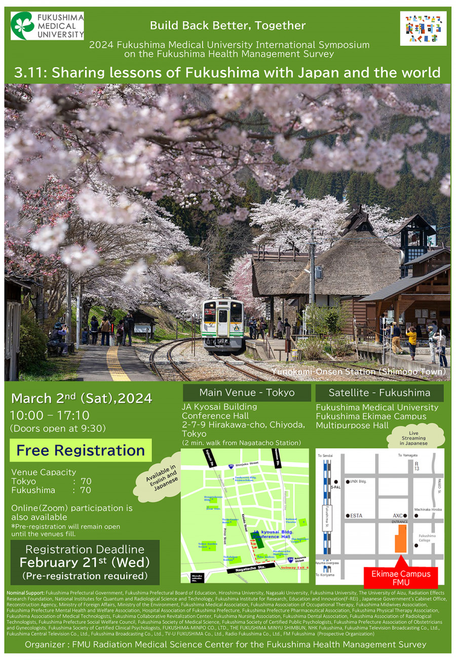 Cover page of the 2024 Fukushima Medical University International Symposium program, featuring cherry blossoms and event details.