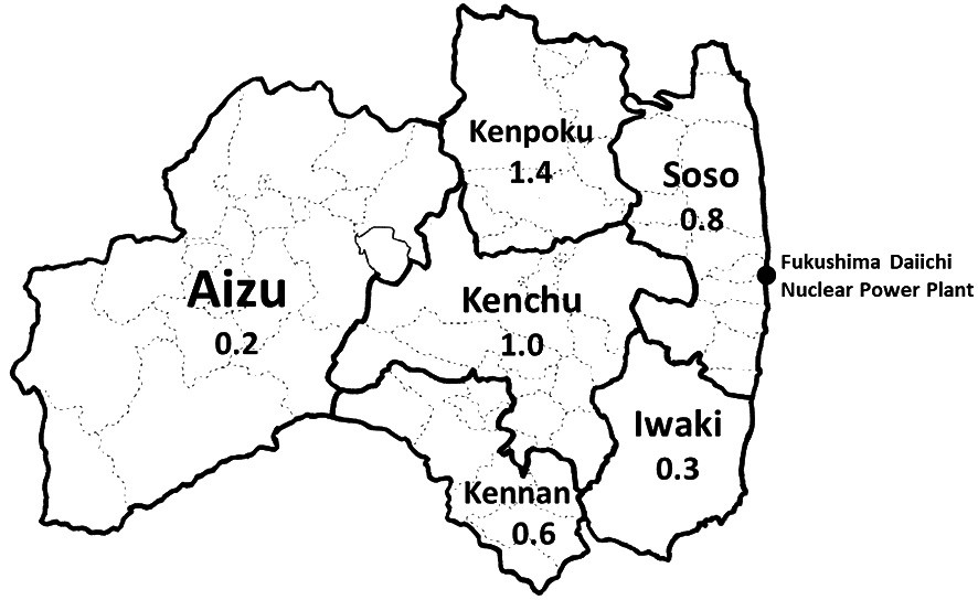 Map of Fukushima prefecture showing average estimated external radiation doses by area (mSV).