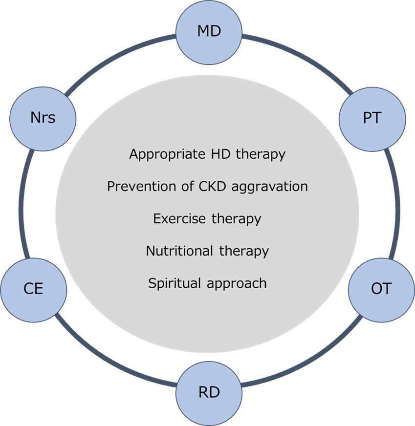A diagram illustrating a multidisciplinary approach to prevent falls in hemodialysis patients, featuring roles of various healthcare professionals.