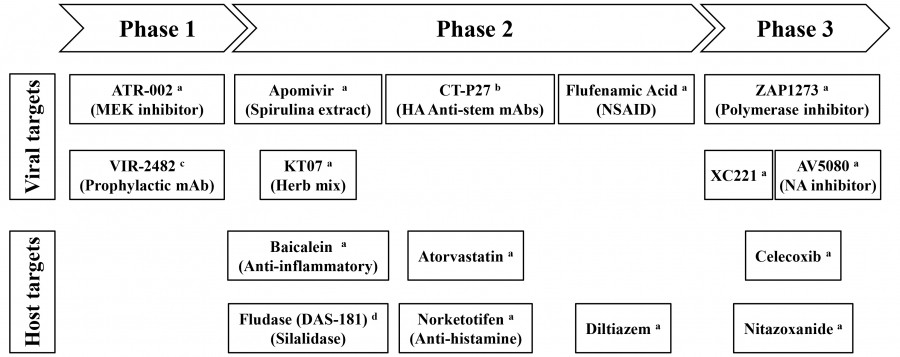 Diagram illustrating the landscape of anti-influenza drugs in various development phases, including viral and host targets.