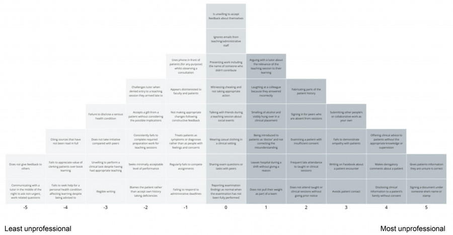 A completed Q-sort grid displaying 48 ranked statements of medical unprofessional behaviors, categorized by severity.