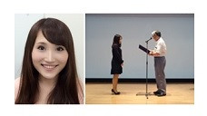 女性のポートレートと、舞台でスピーチを受けている女性と男性の様子。