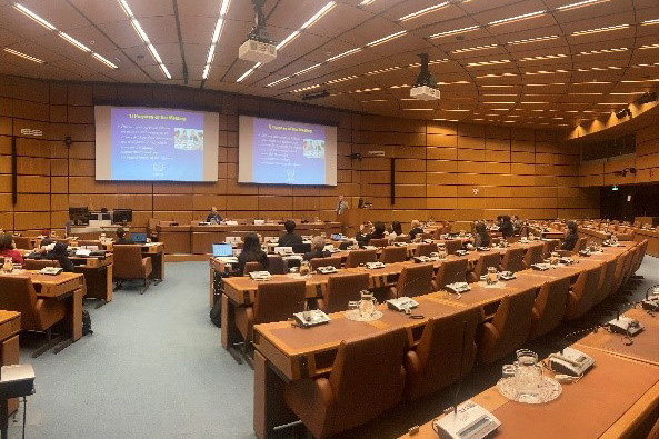 大きな会議室でスライドが投影され、参加者たちがスクリーンを見ながら議論している様子。