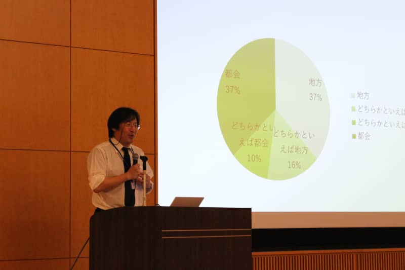 スーツ姿の男性が講演を行い、スクリーンに円グラフが表示されている。グラフには「都会」「地方」などの割合が示されている。