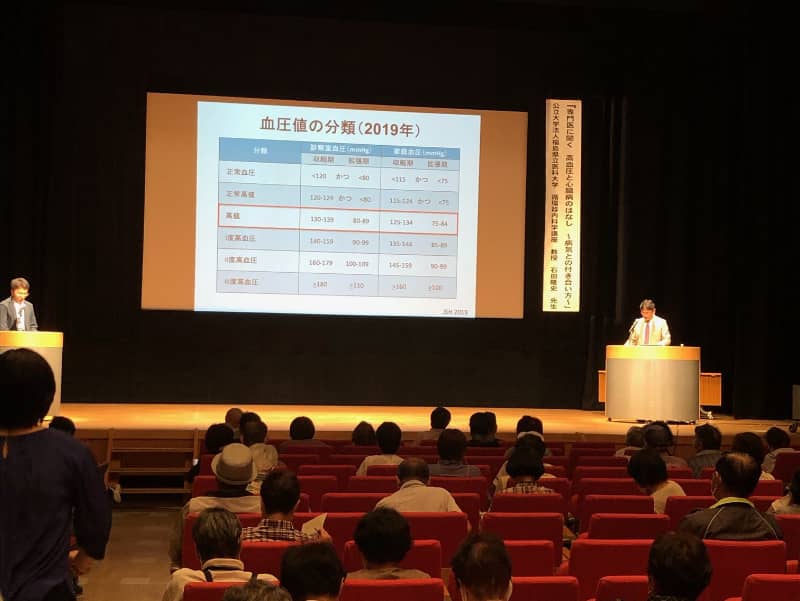 心臓病予防に関する講演会の様子、講師がスライドを使って説明している。聴衆は赤い椅子に座っている。