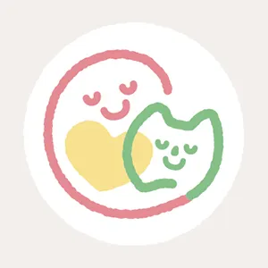 笑顔の人と猫が描かれたシンプルなイラスト。心を表すハートと共に、温かい雰囲気を醸し出している。
