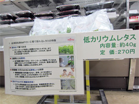 店内の棚に設置された低カリウムレタスの説明パネル